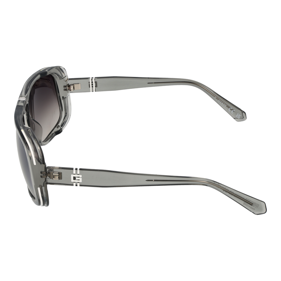 Transparent gray rectangular sunglasses with double bridge and gradient dark lenses, logo on lens and temples