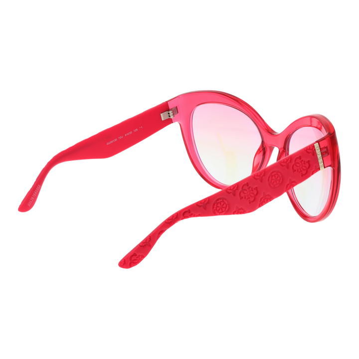 Red plastic cat-eye sunglasses with gradient lenses and embossed patterned temples, metal logo accent on temples