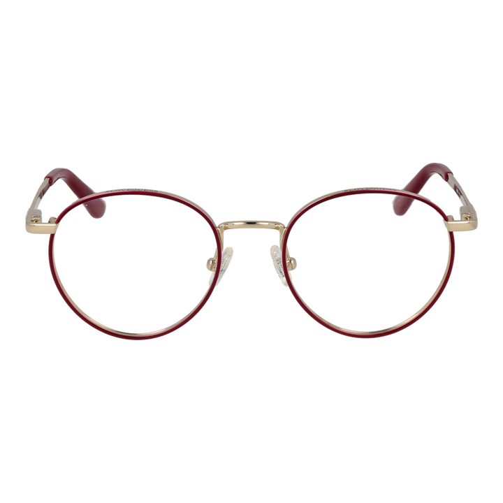 Unisex gold metal round eyeglasses with thin frame and adjustable nose pads against white background