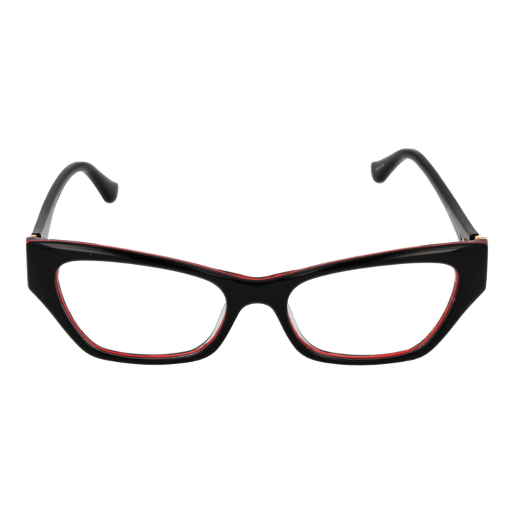 Black and red cat-eye eyeglasses in plastic with gold temples and logo emblem, front three-quarter view