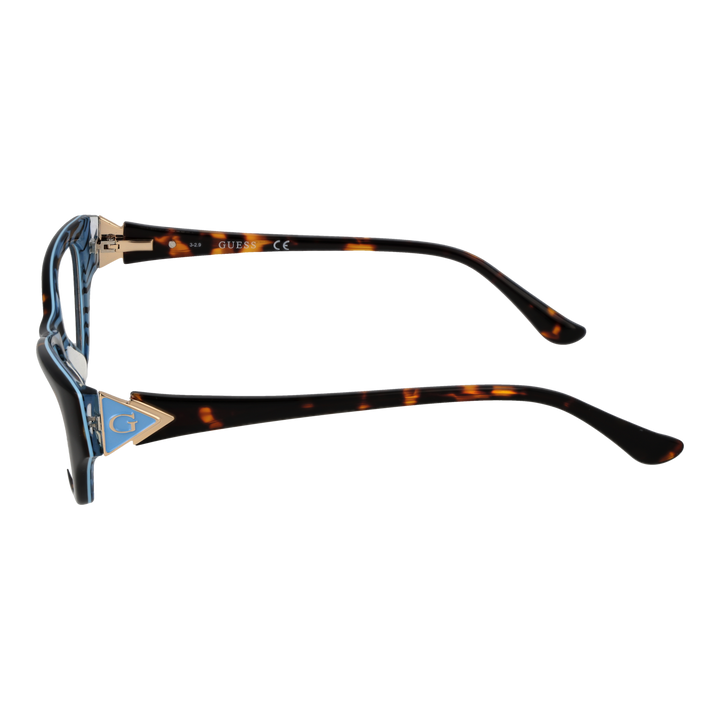 Tortoiseshell cat-eye eyeglasses in brown-black plastic with blue triangular G logo on temples, angled view
