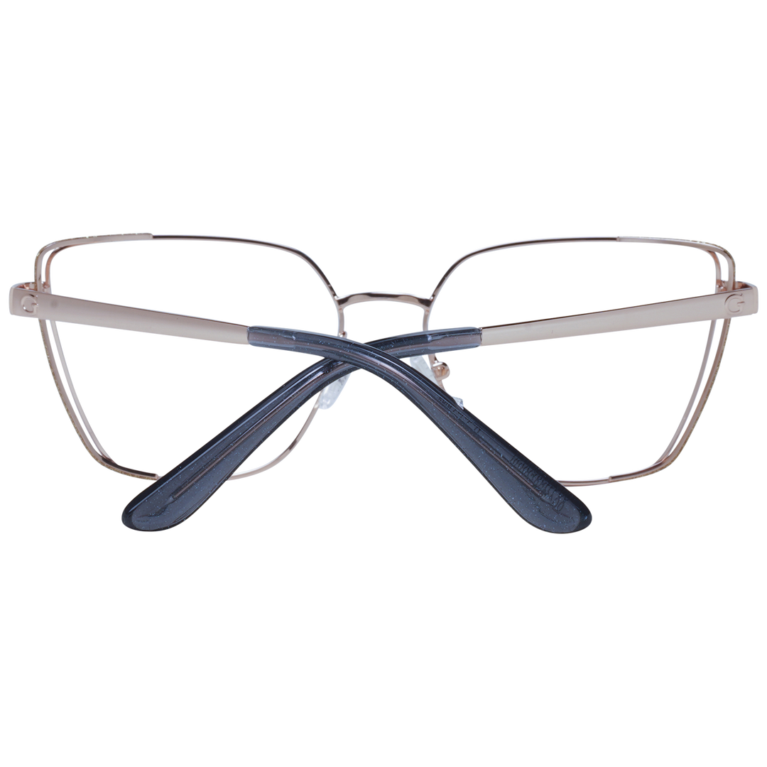 Rose gold and black thin metal square eyeglasses with adjustable nose pads and logo temples on white background