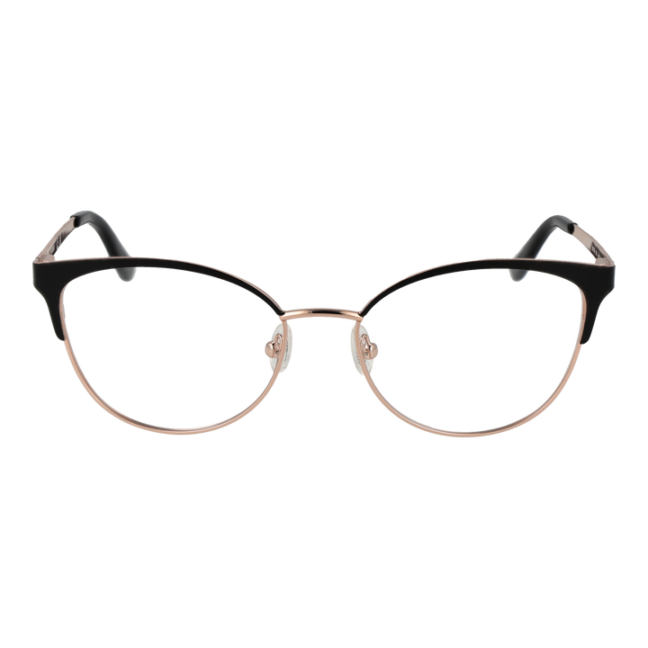 Black and rose gold metal cat-eye eyeglasses with adjustable nose pads and black plastic temple tips