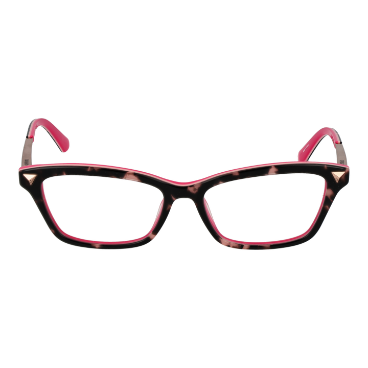 Black tortoiseshell rectangular eyeglasses with pink inner frame and metal temples, triangular corner accents