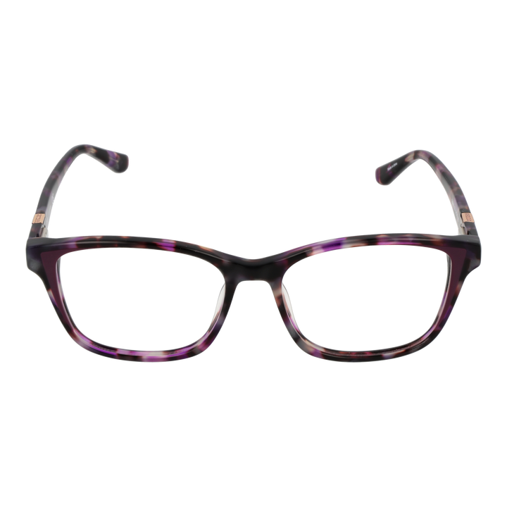 Purple and brown tortoise rectangular eyeglasses with black and white hues and metal temple accents on neutral background