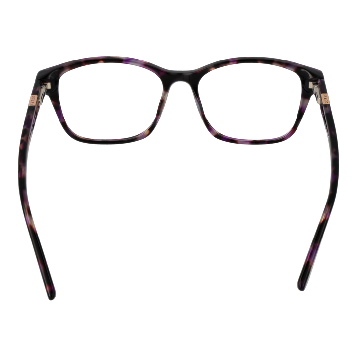 Purple and brown tortoise rectangular eyeglasses with black and white hues and metal temple accents on neutral background