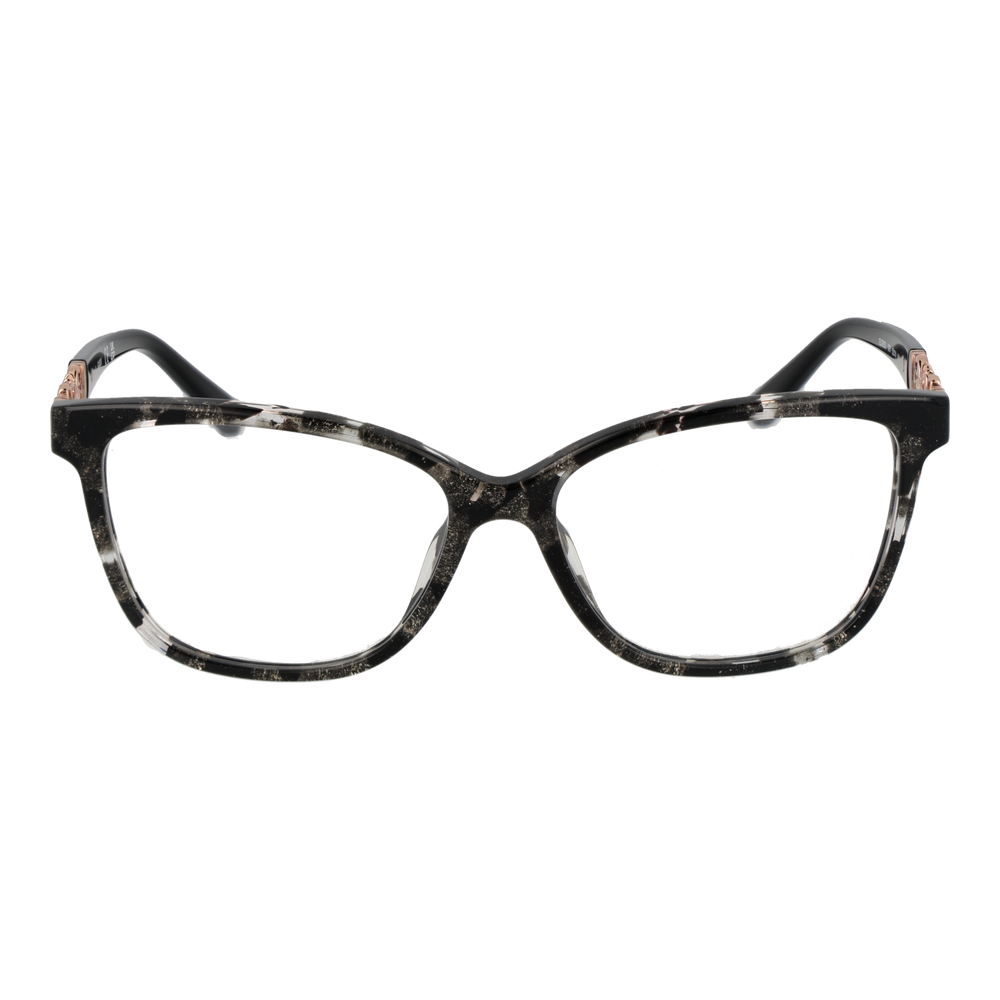 Black speckled cat-eye eyeglasses with rose-gold floral temple accents on white background