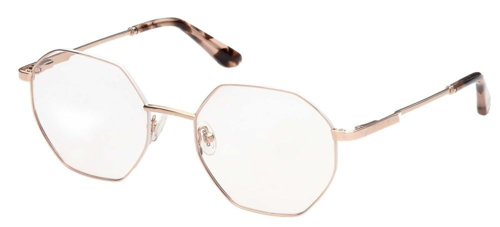 Unisex gold metal eyeglasses with octagonal lenses and tortoiseshell temple tips on white background