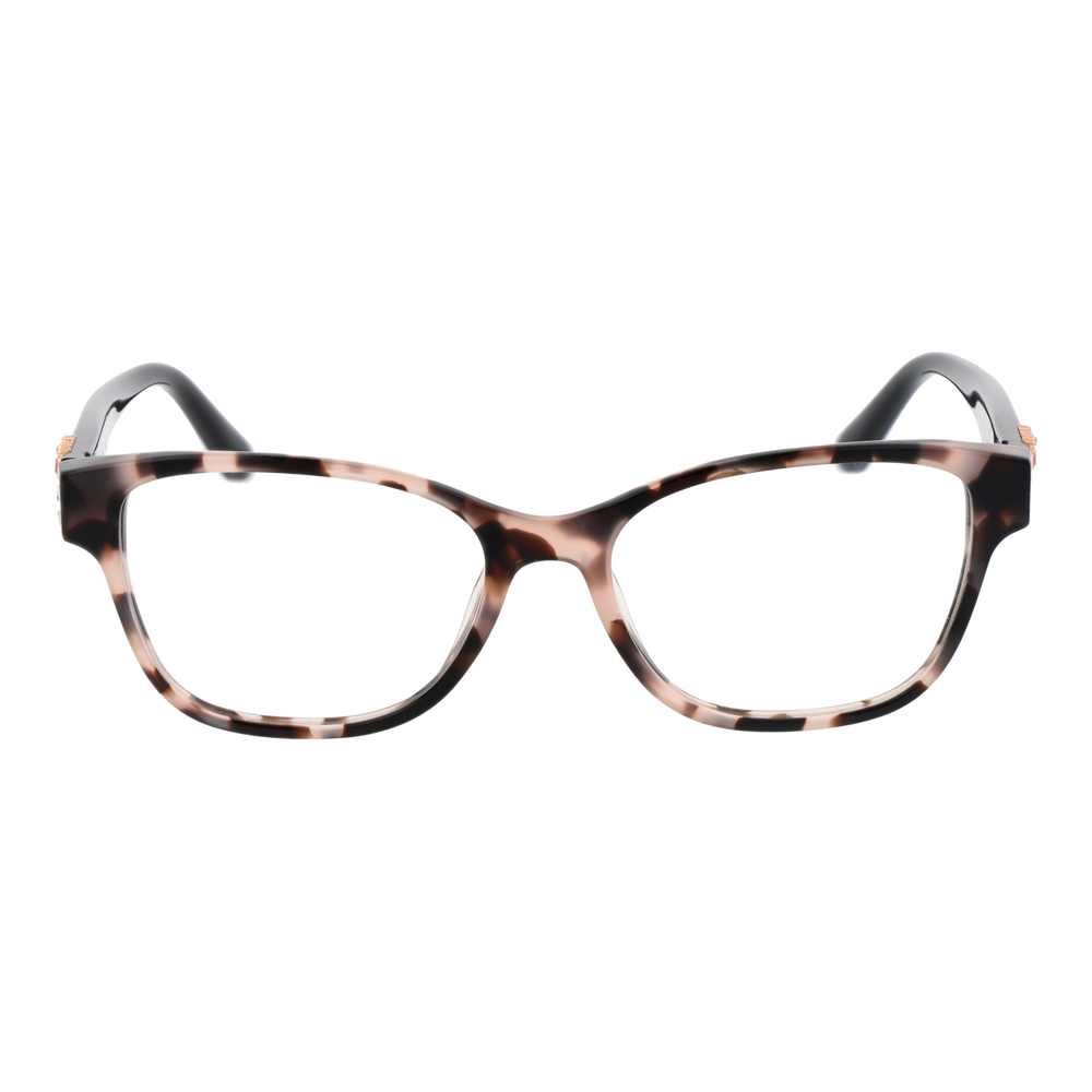 Tortoise shell rectangular eyeglasses with black temples and gold-pink decorative embellishments