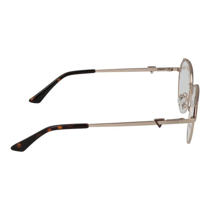 Gold thin metal round eyeglasses with tortoise shell temple tips and adjustable nose pads