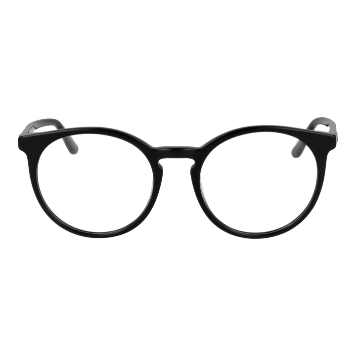 Black plastic full-rim round eyeglasses with integrated nose pads displayed front-facing on white background
