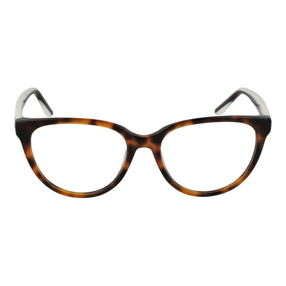 Two-tone tortoise shell brown and white round eyeglasses with gold emblem on temples, plastic frame