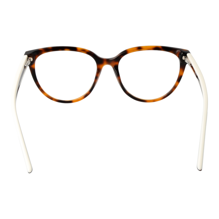 Two-tone tortoise shell brown and white round eyeglasses with gold emblem on temples, plastic frame