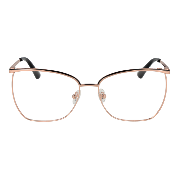 Rose gold metal rectangular eyeglasses with thin black temples and adjustable nose pads on white background