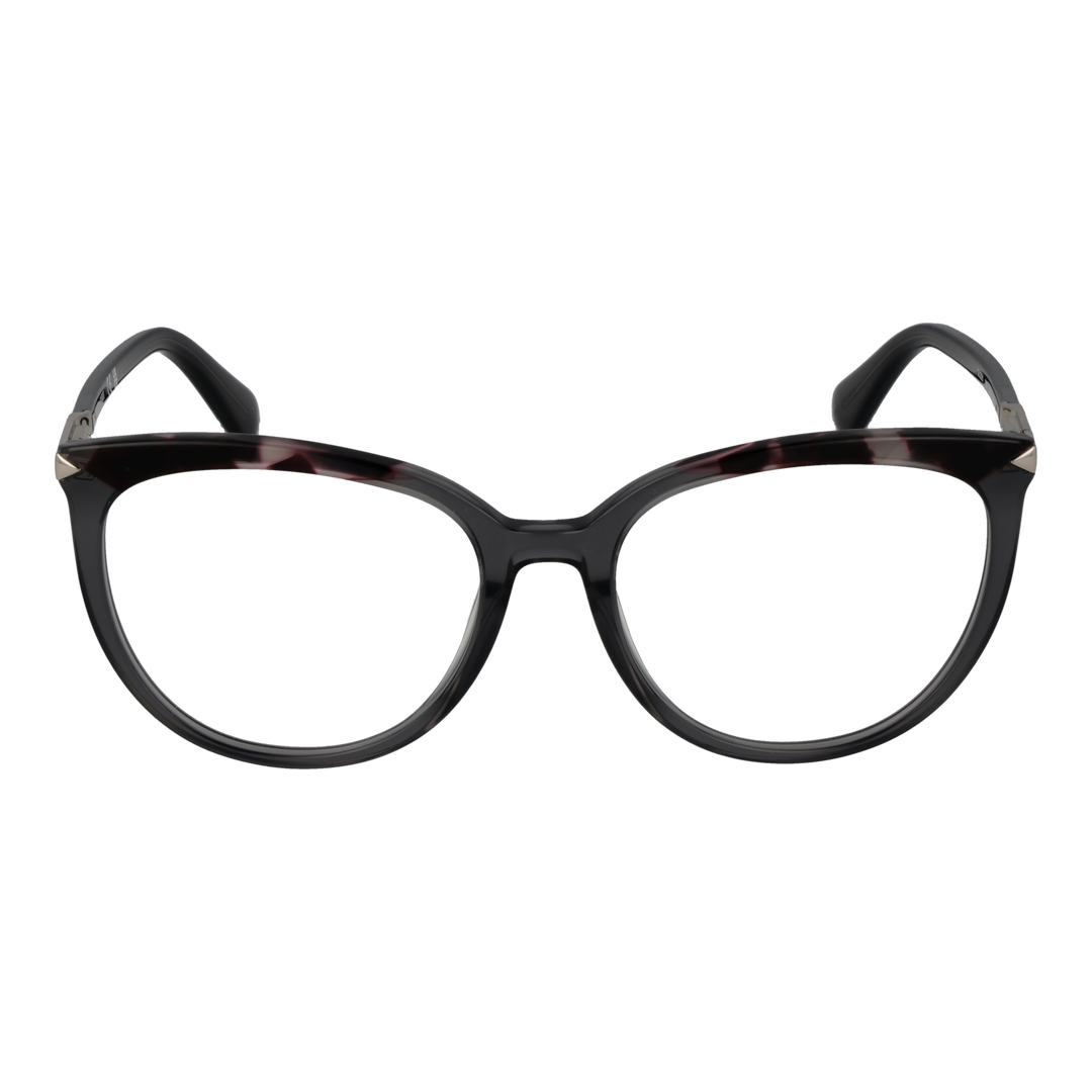 Black tortoiseshell round eyeglasses with metal temple accents and engraved brand detail
