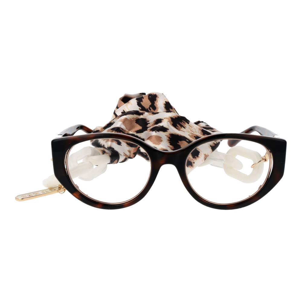 Tortoise cat-eye eyeglasses with gold temple accents and detachable leopard-print scarf on white background