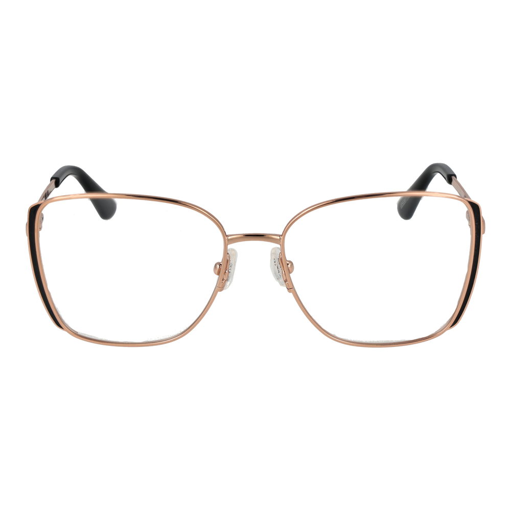 Rose gold thin metal square eyeglasses with black temple tips and adjustable nose pads on white background