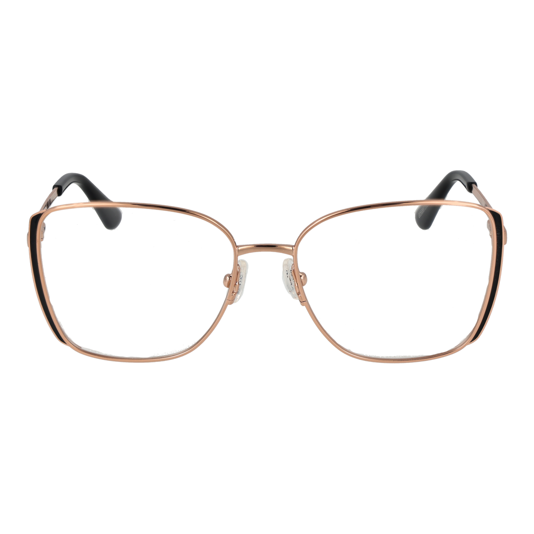 Rose gold thin metal square eyeglasses with black temple tips and adjustable nose pads on white background