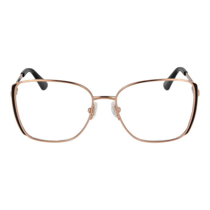 Rose gold thin metal square eyeglasses with black temple tips and adjustable nose pads on white background