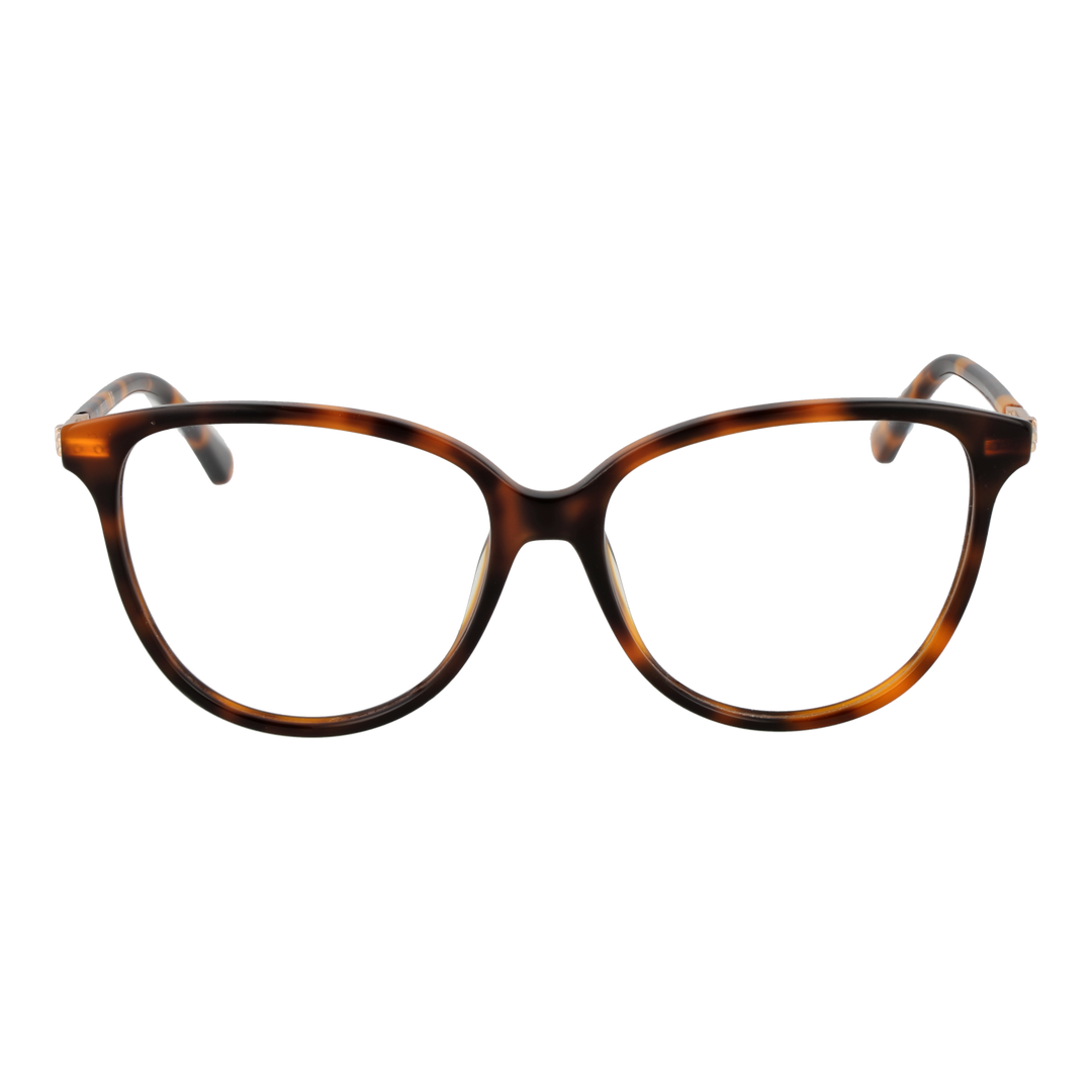 Tortoise brown cat-eye full-rim eyeglasses in plastic with gold hinge detail, front three-quarter view