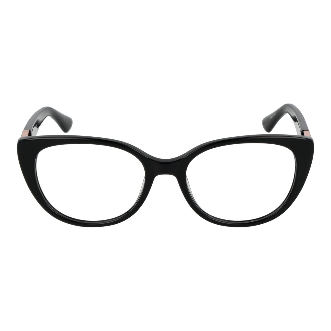 Black retro cat-eye eyeglasses with rose gold metal temple accents and clear lenses for Women