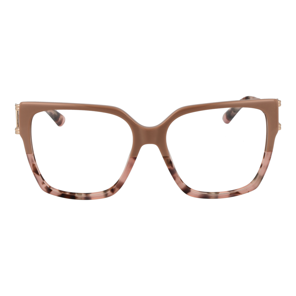 Brown tortoiseshell square eyeglasses with slim metal temples and triangular metal detail, angled view on white
