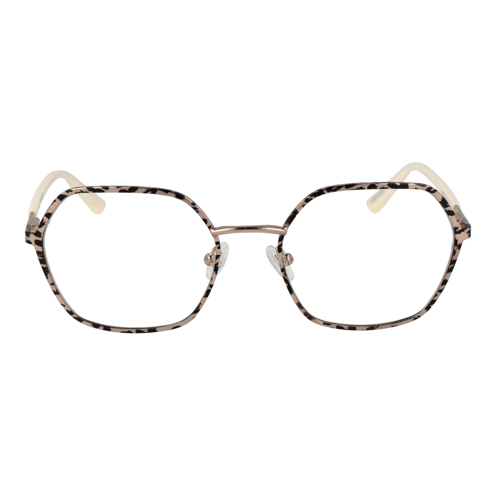 Beige and black tortoise rectangular eyeglasses with metal bridge and clear nose pads on neutral background
