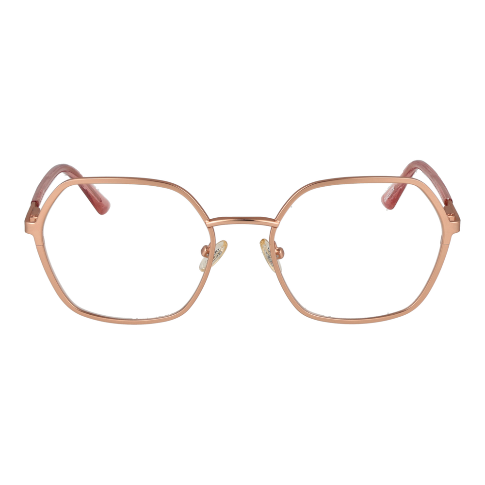 Rose-gold thin metal hexagonal eyeglasses with clear nose pads against neutral background