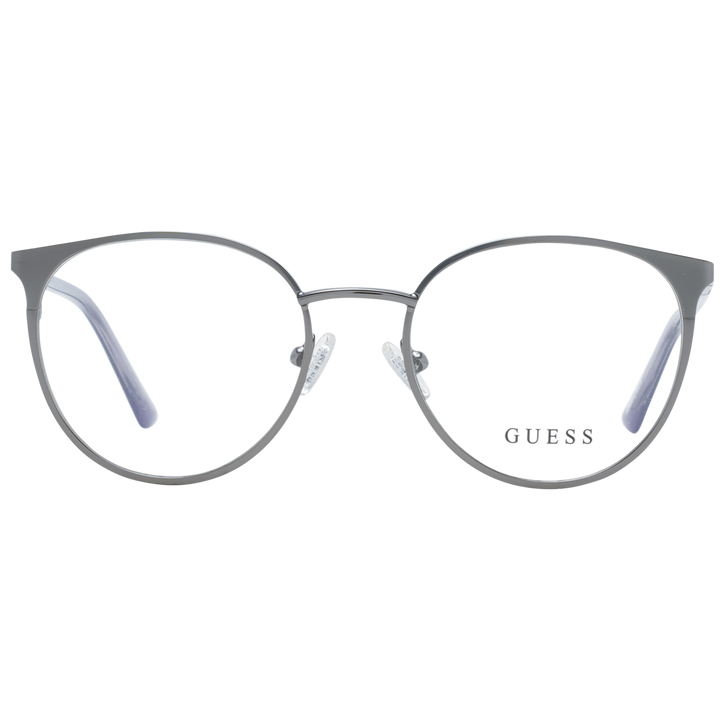 Gray thin metal round eyeglasses on neutral background with adjustable nose pads and minimalist full-rim frame