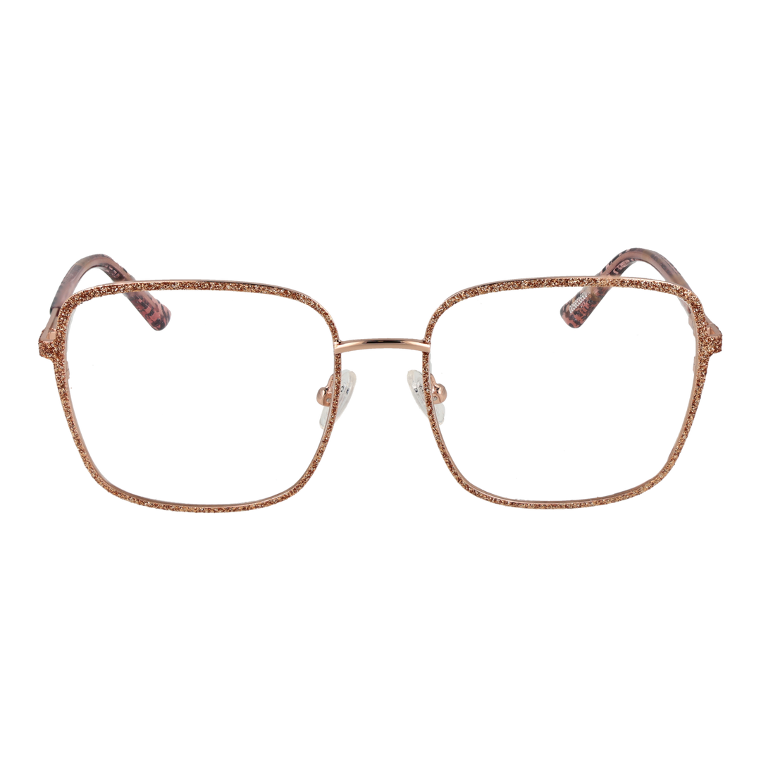 Rose-gold metal square eyeglasses with glittery front, black patterned temple tips, adjustable nose pads