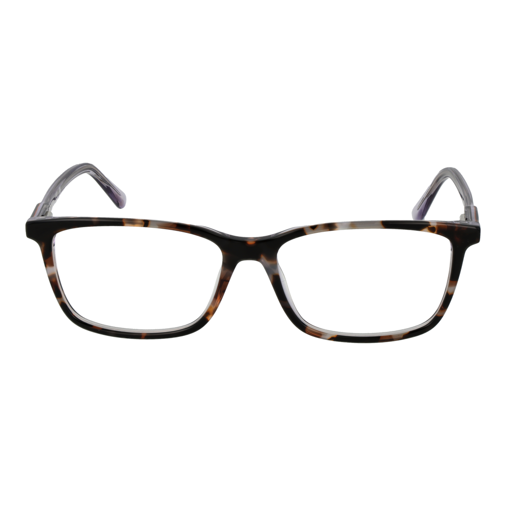 Unisex tortoise plastic rectangular eyeglasses with transparent purple arms and brand plaque on arm