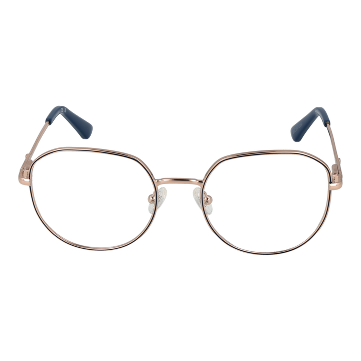 Rose gold metal eyeglasses with rounded square lenses and navy accents on thin temples, Unisex frame
