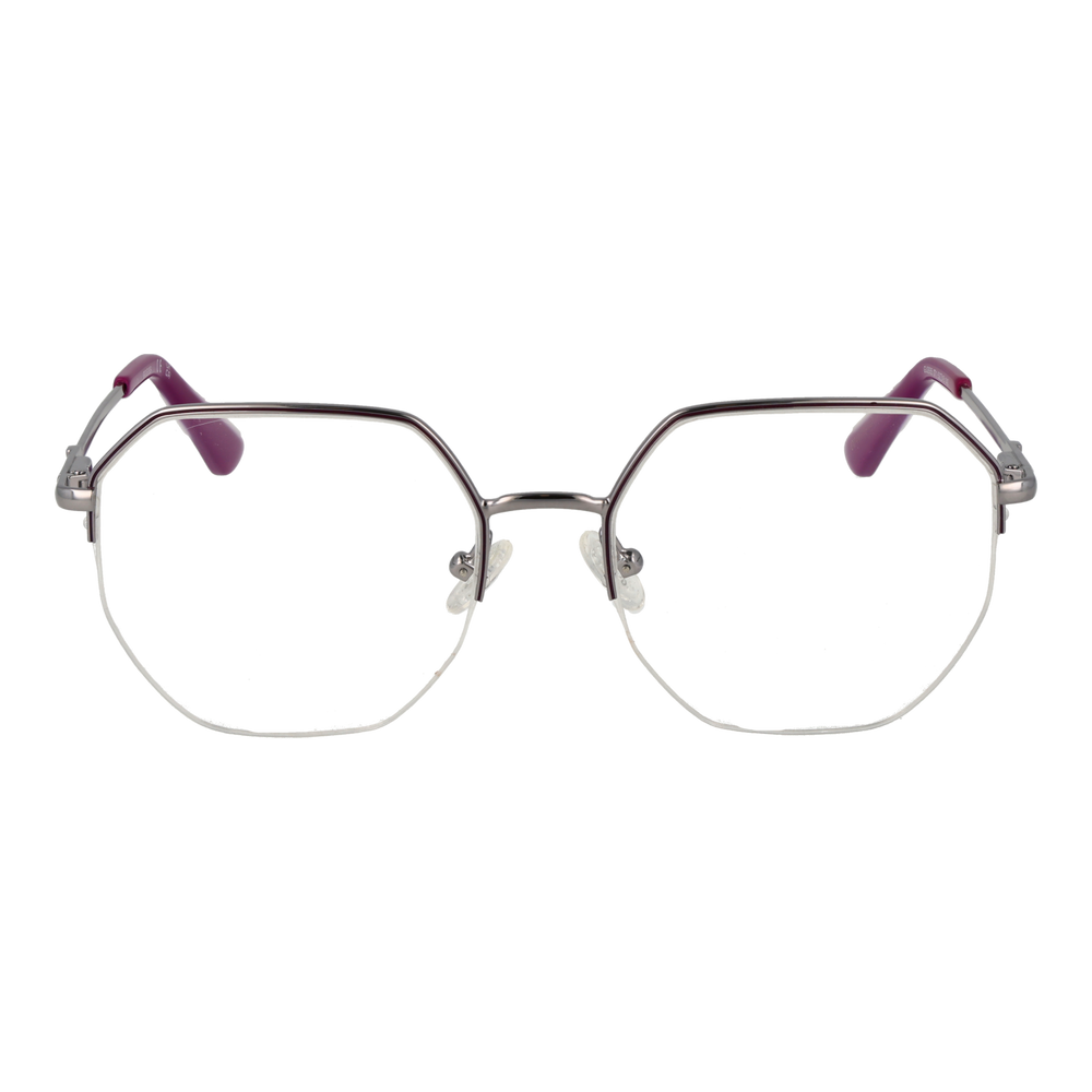 Unisex silver octagonal eyeglasses with purple accents, thin metal temples and plastic temple tips, front three-quarter view