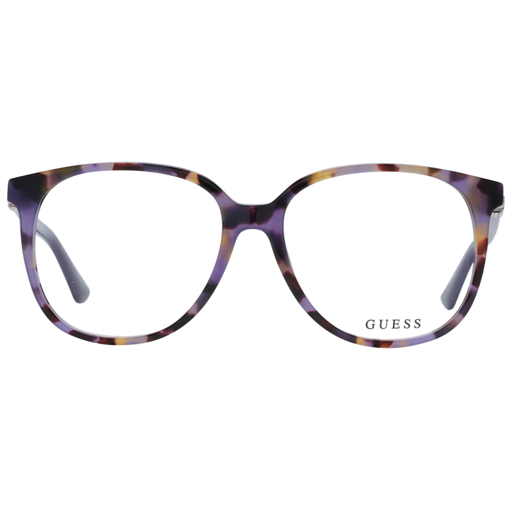 Purple tortoiseshell round eyeglasses in plastic with metal logo on temple, front three-quarter view