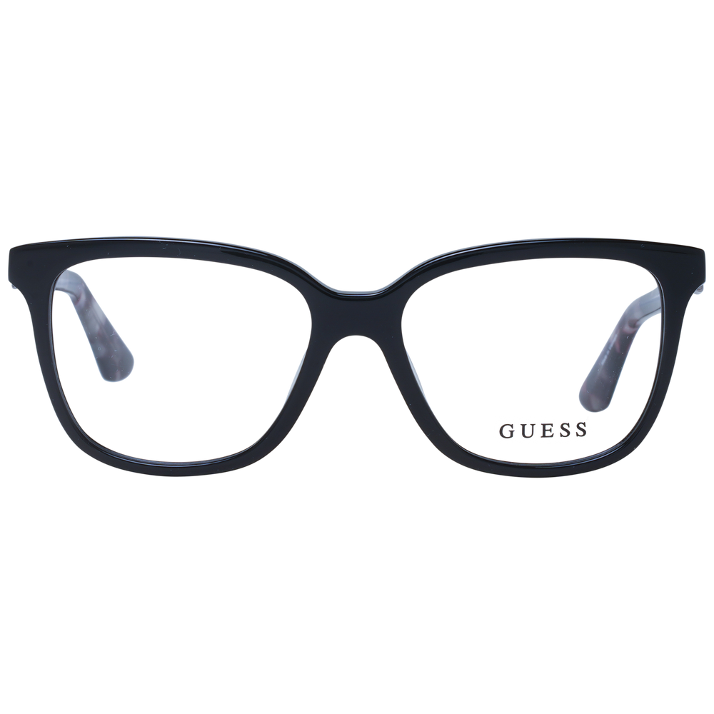 Black rectangular eyeglasses with tortoiseshell patterned temples and logo hinge detail viewed three-quarter