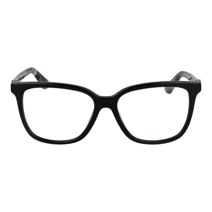 Black rectangular eyeglasses with tortoiseshell patterned arms and metal logo on temples for Women