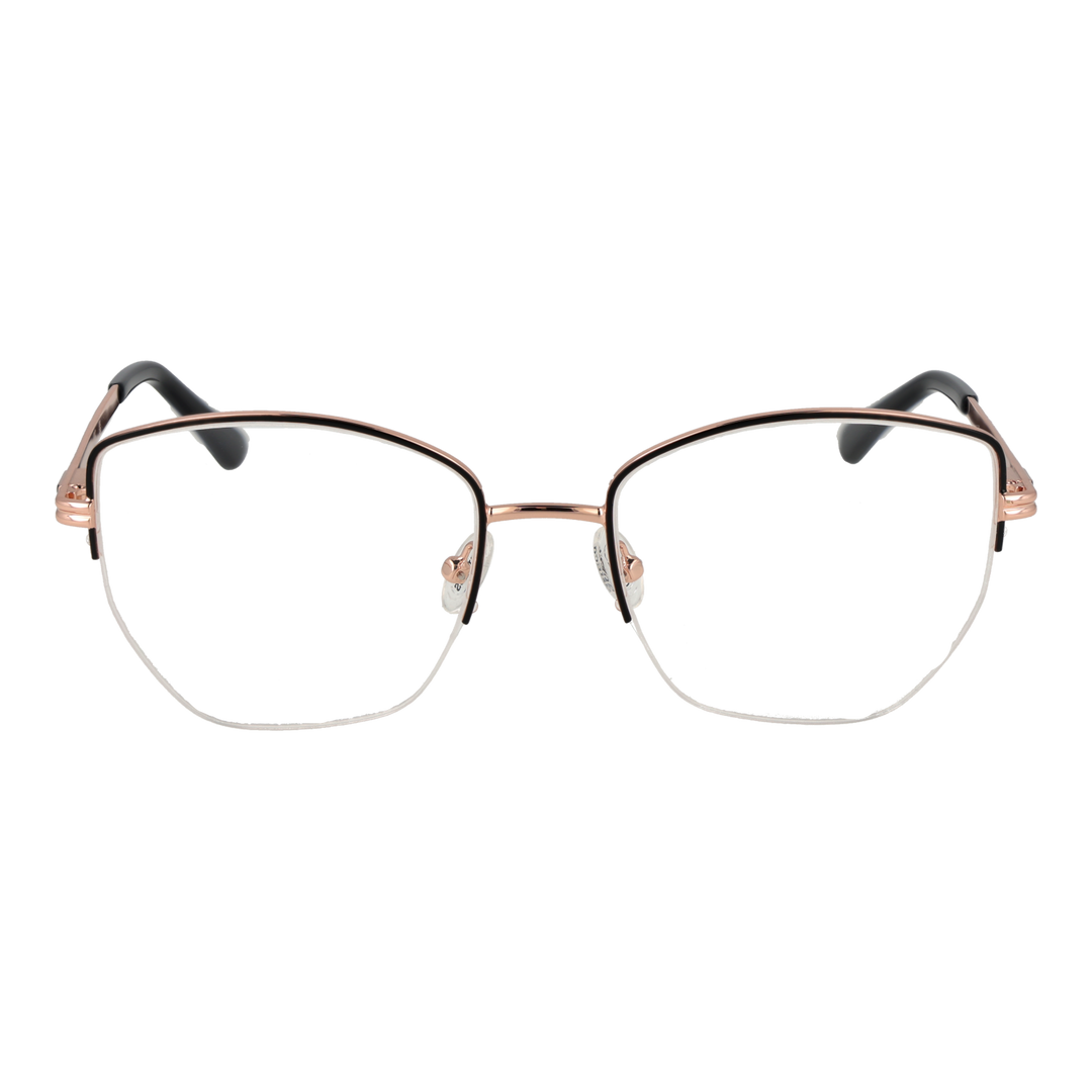 Rose gold thin metal rectangular eyeglasses with black plastic temple tips on white background, modern minimalist design