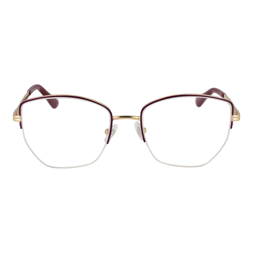 Gold thin metal rectangular eyeglasses with adjustable nose pads and burgundy temple accents for Women