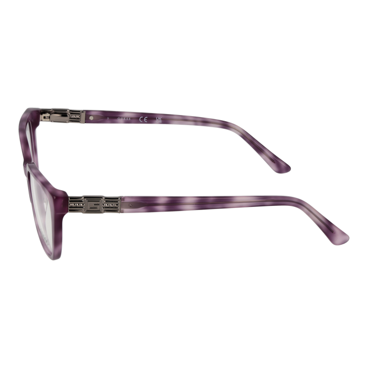 Purple rectangular eyeglasses in plastic frame with metal hinge and &