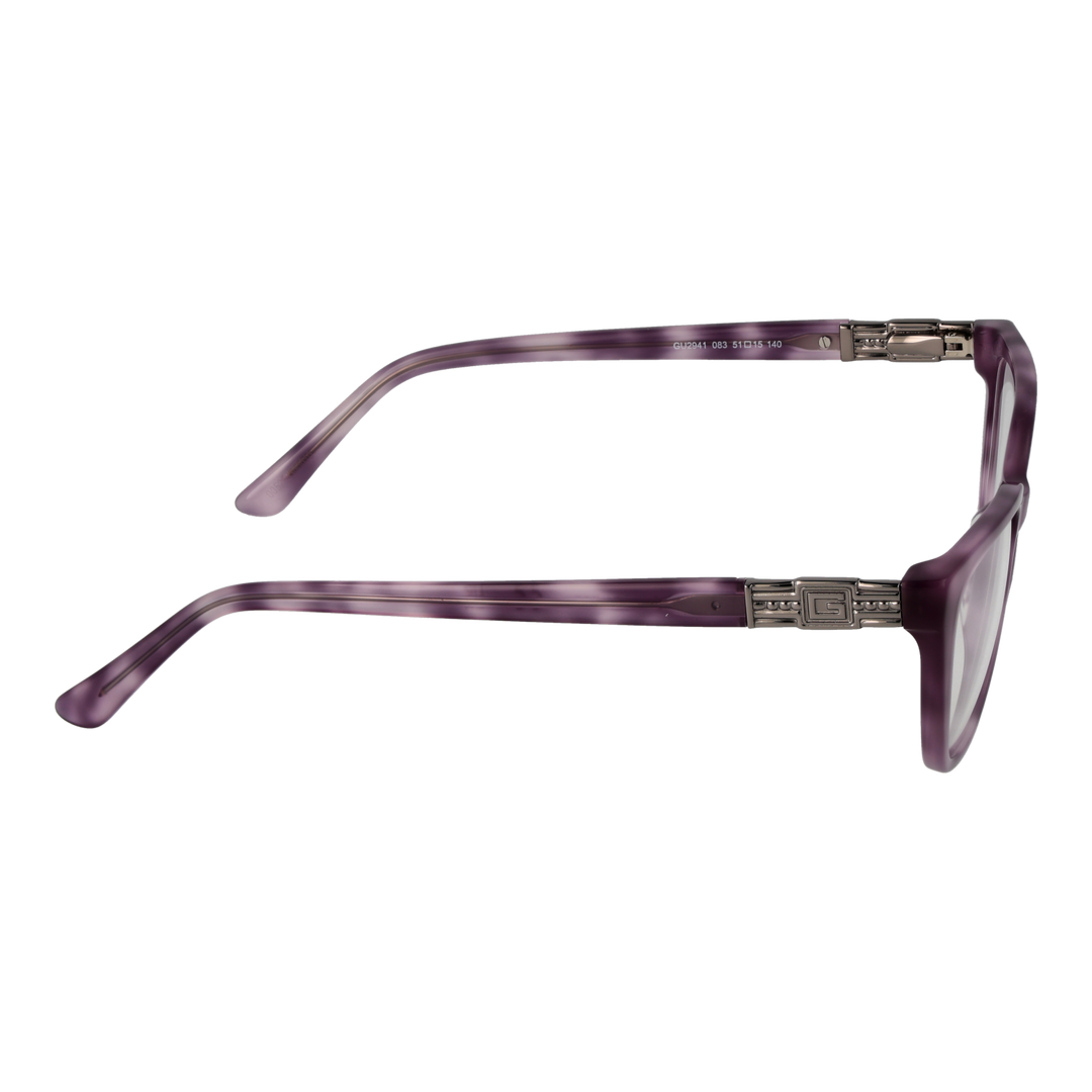 Purple rectangular eyeglasses in plastic frame with metal hinge and &