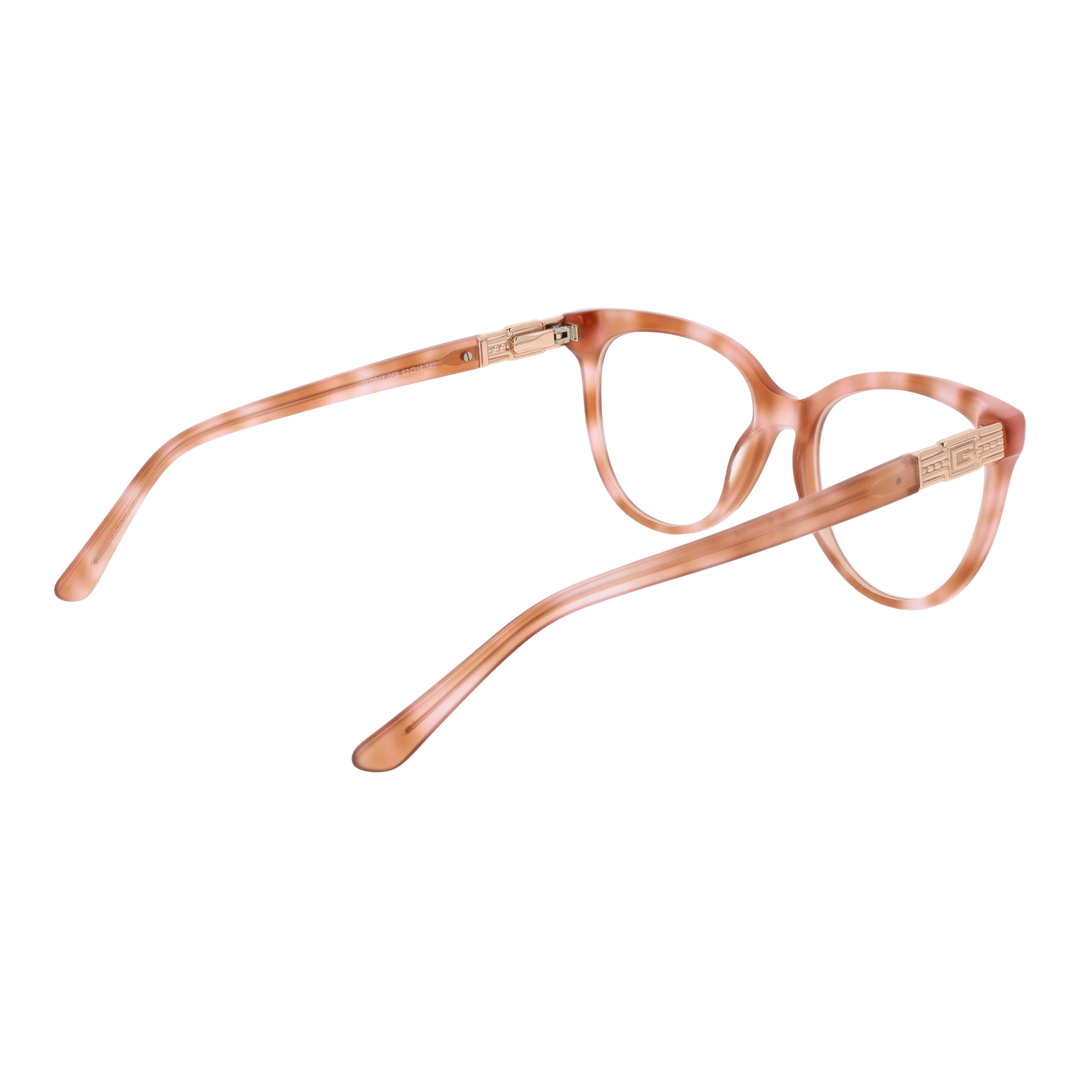 Brownish-pink plastic cat-eye eyeglasses with decorative gold emblem on temples, full-rim frame