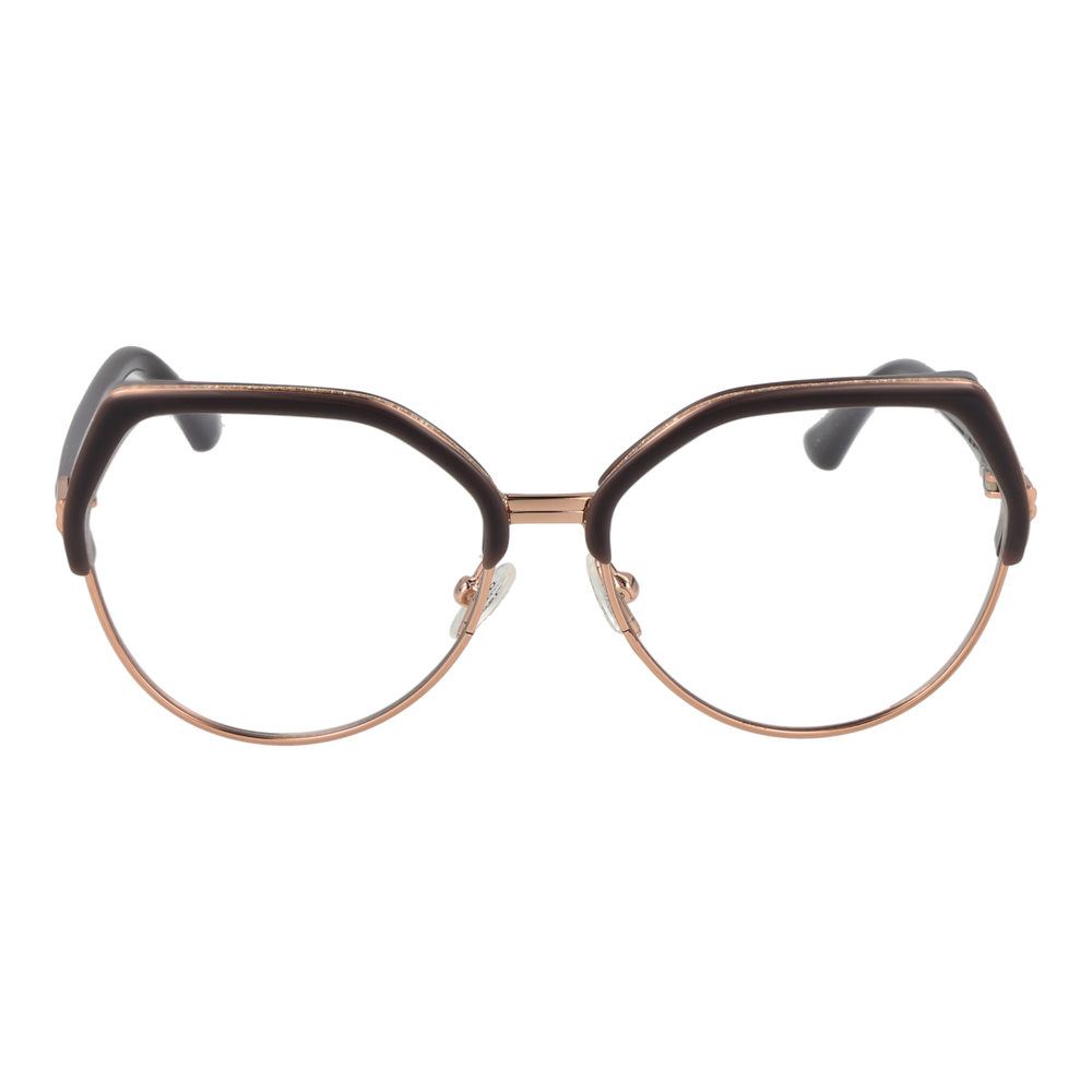 Black and rose gold geometric eyeglasses with thin metal frame and thick upper rim, round lenses, adjustable nose pads
