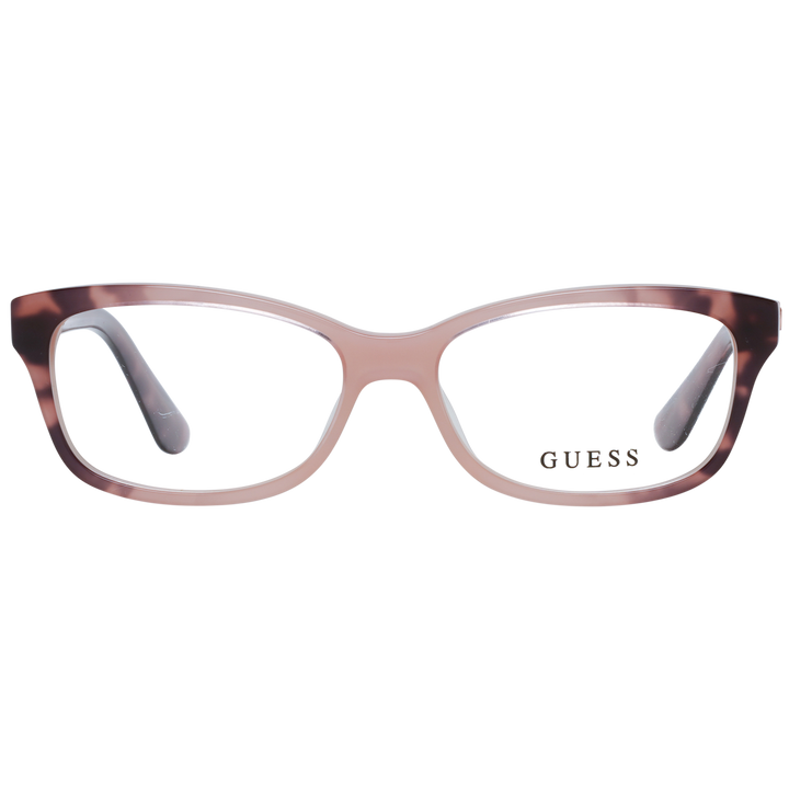 Pink and tortoiseshell full-rim rectangular eyeglasses with logo temples on neutral background