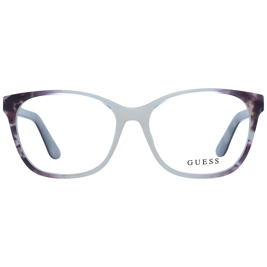 Purple and white patterned rectangular eyeglasses in plastic with metal logo on temple, front three-quarter view