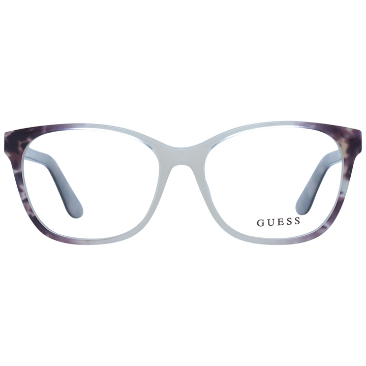 Purple and white patterned rectangular eyeglasses in plastic with metal logo on temple, front three-quarter view