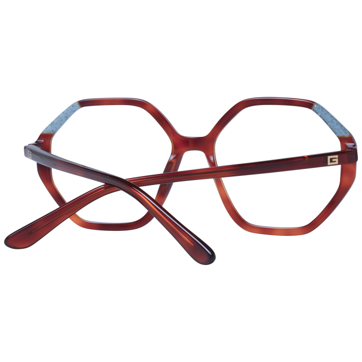 Brown hexagonal eyeglasses with blue temple accents, transparent lenses and logo detailing, plastic frame for Women
