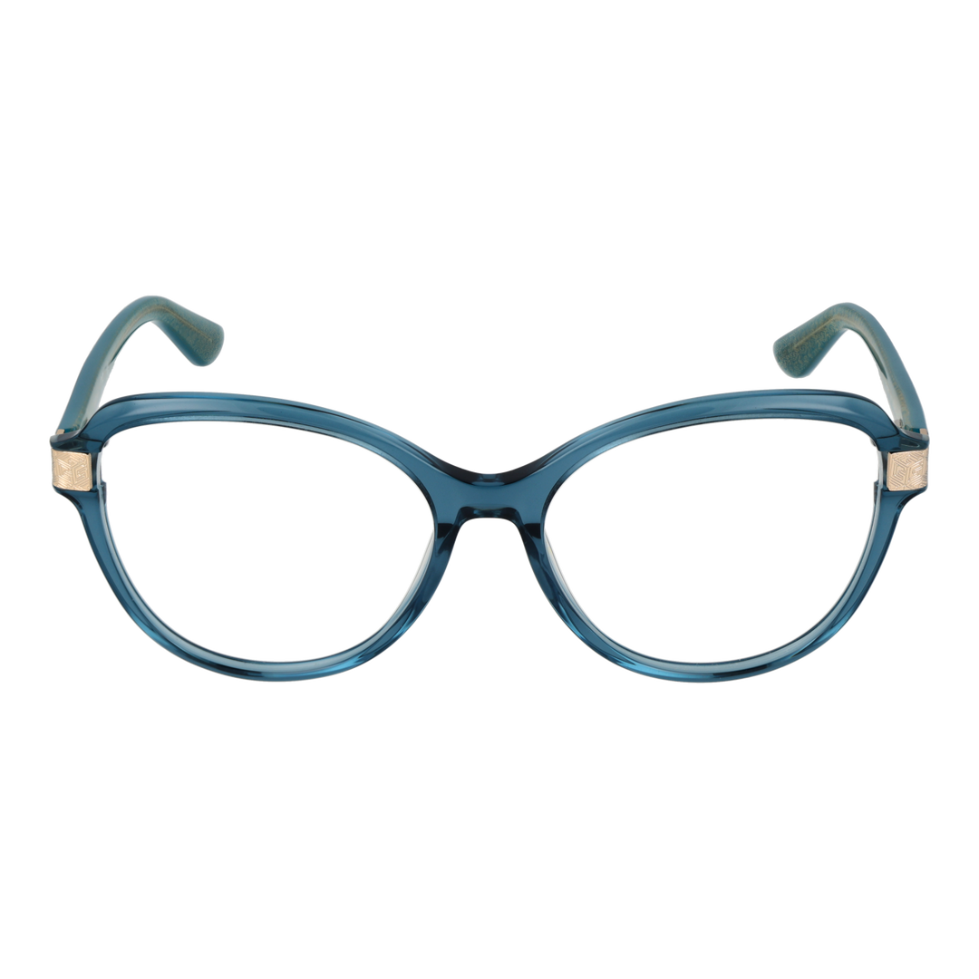 Blue round plastic eyeglasses for Women with gold hinge detail and patterned inner arms