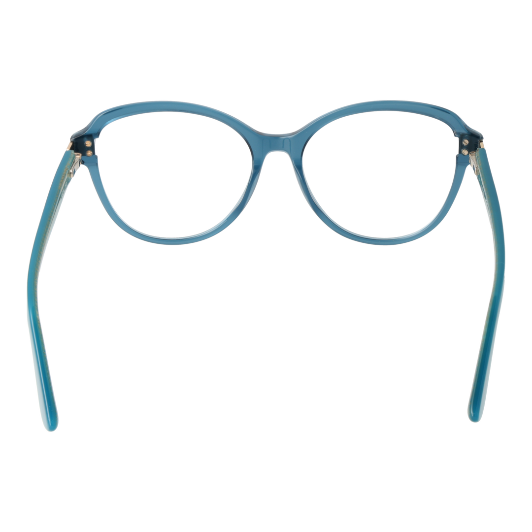 Blue round plastic eyeglasses for Women with gold hinge detail and patterned inner arms