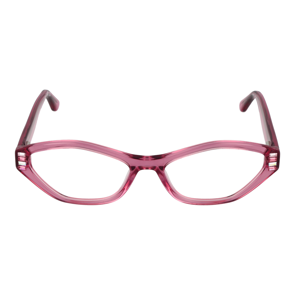 Transparent pink cat-eye eyeglasses in plastic with decorative side accents on neutral background