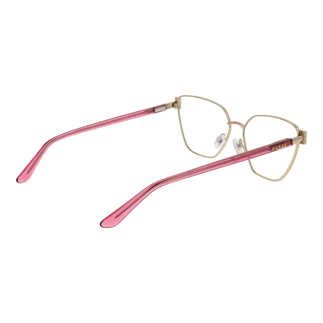 Gold rectangular eyeglasses with pink accents and decorative stones on the corners, metal frame and plastic arms